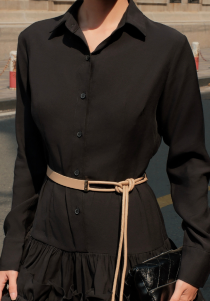 Vanila Ruffle Shirt Dress Black – Premium Black Mini Dress | Đầm sơ mi đen cao cấp bèo tầng thanh lịch, nữ tính by HANABIE